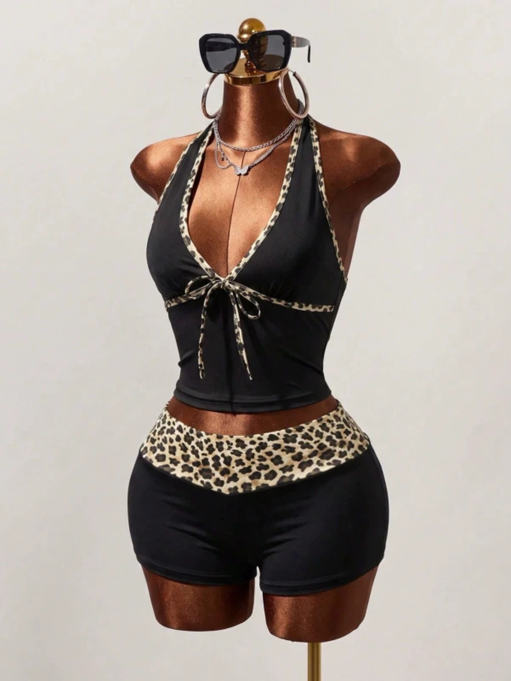 H&M Sexy Leopard Print Color Block Tie Neck Halter Top and Shorts Set